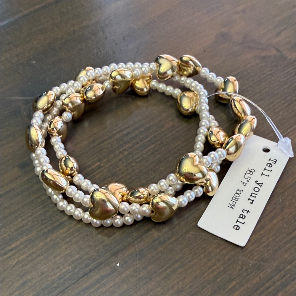 Gold and Pearl Heart Bracelet Set